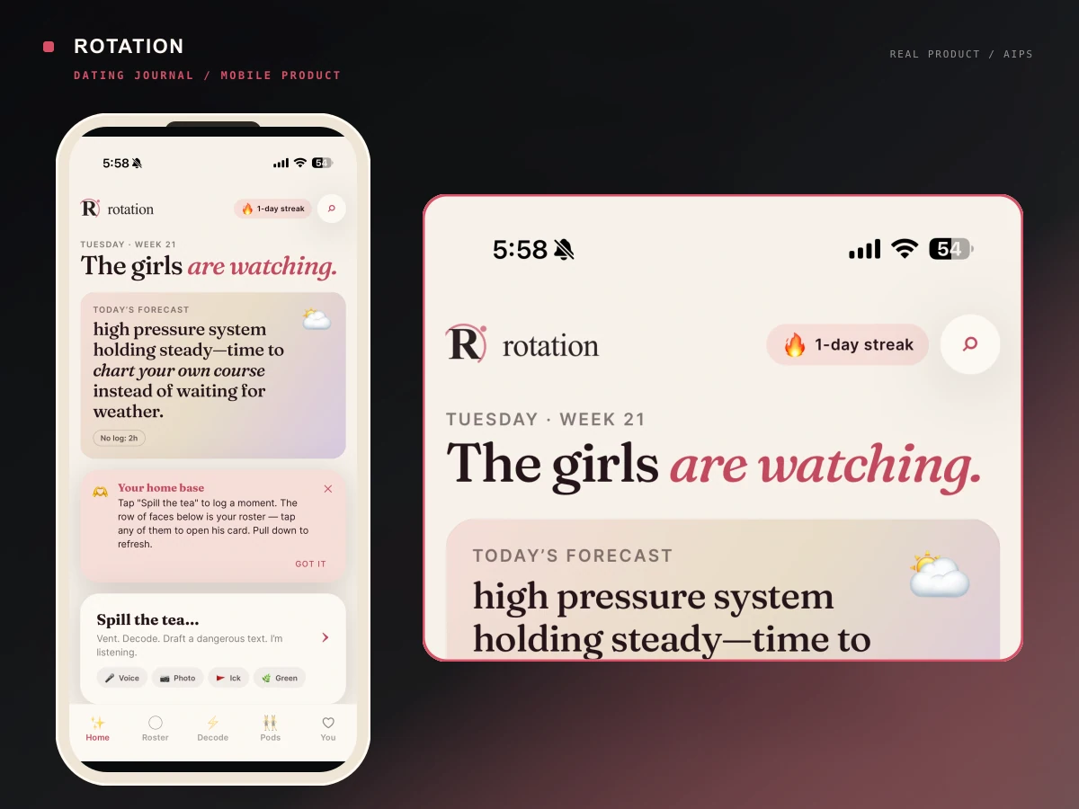 Real Rotation mobile product screens showing the dating journal home, roster, and text decoder experience.