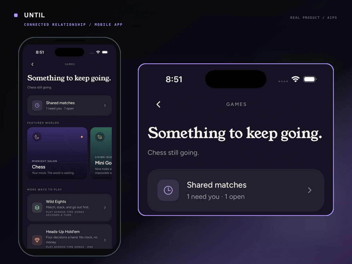 Real Until mobile interface showing its shared matches and asynchronous games experience.