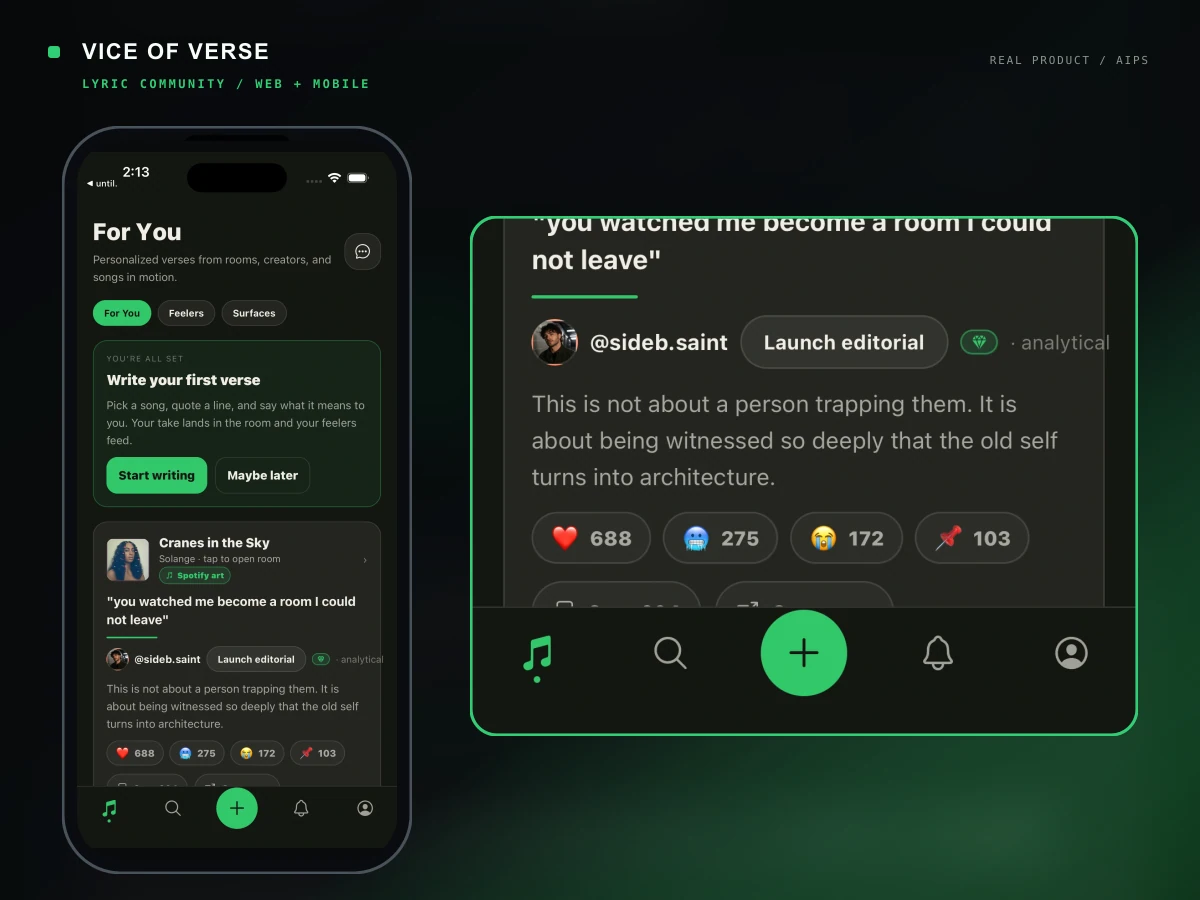 Real Vice of Verse mobile screens showing the lyric feed, song discovery, and community publishing experience.