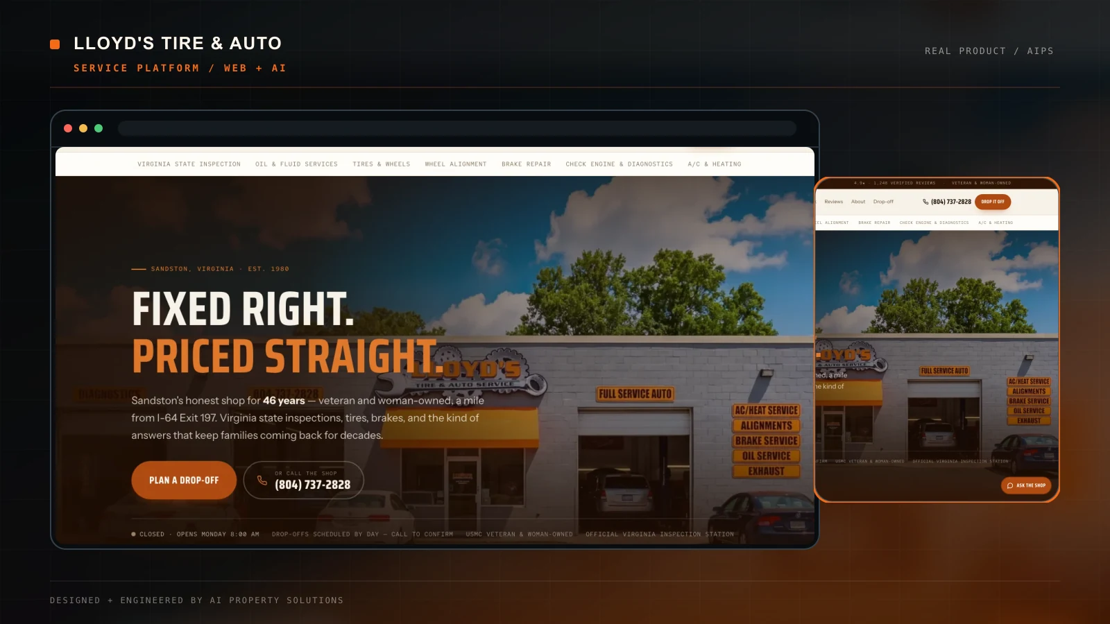 Lloyd's Tire & Auto live website showing its service navigation, drop-off action, and Sandston shop homepage.