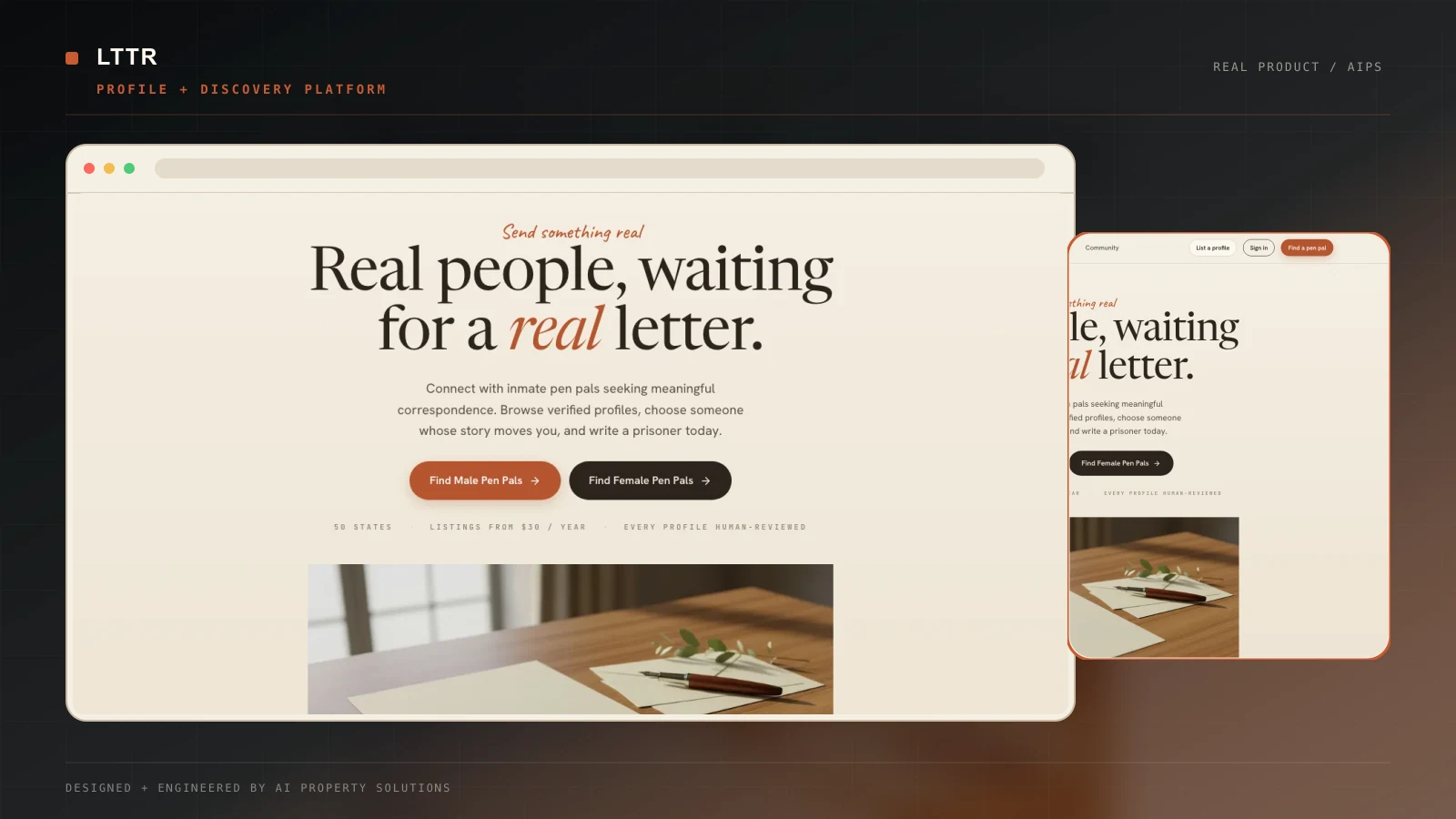 LTTR live website showing its pen-pal discovery homepage and primary browsing actions.