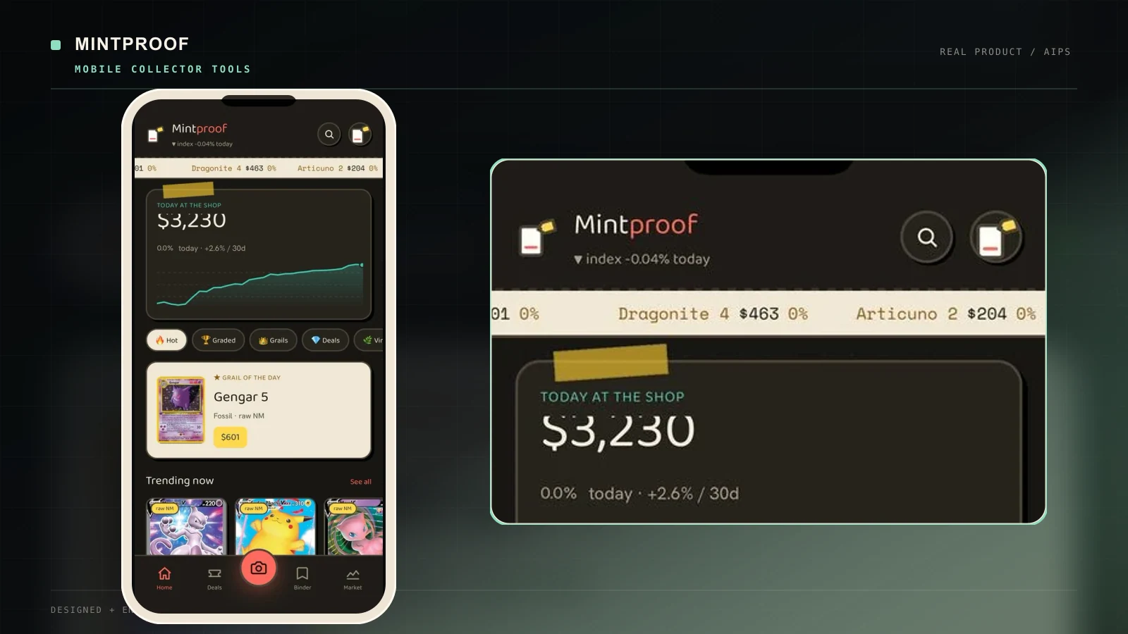 Mintproof mobile home screen showing collection metrics, recent cards, and collector tools.
