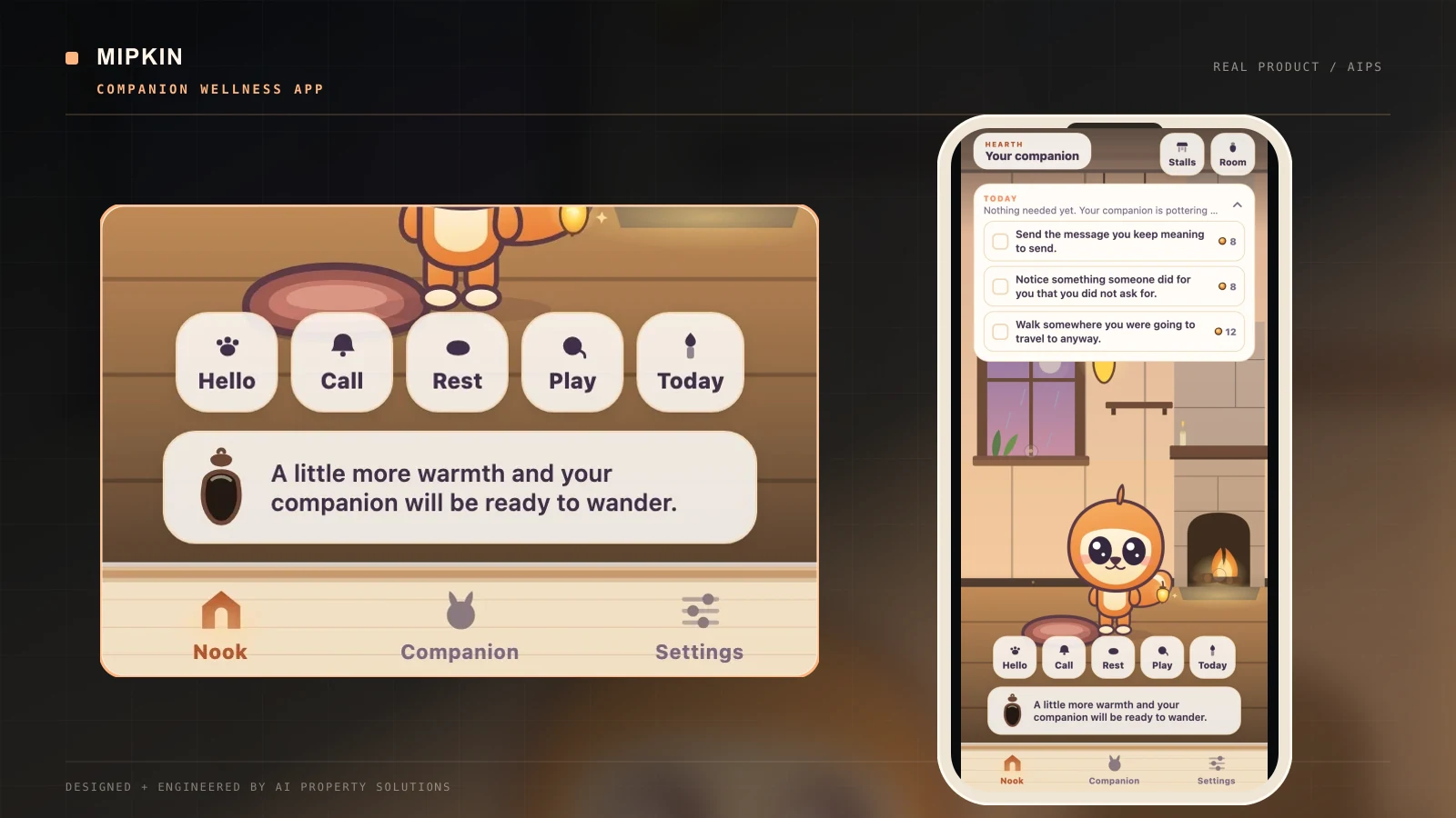 Mipkin mobile nook screen showing the companion, room, activity controls, and daily progress.