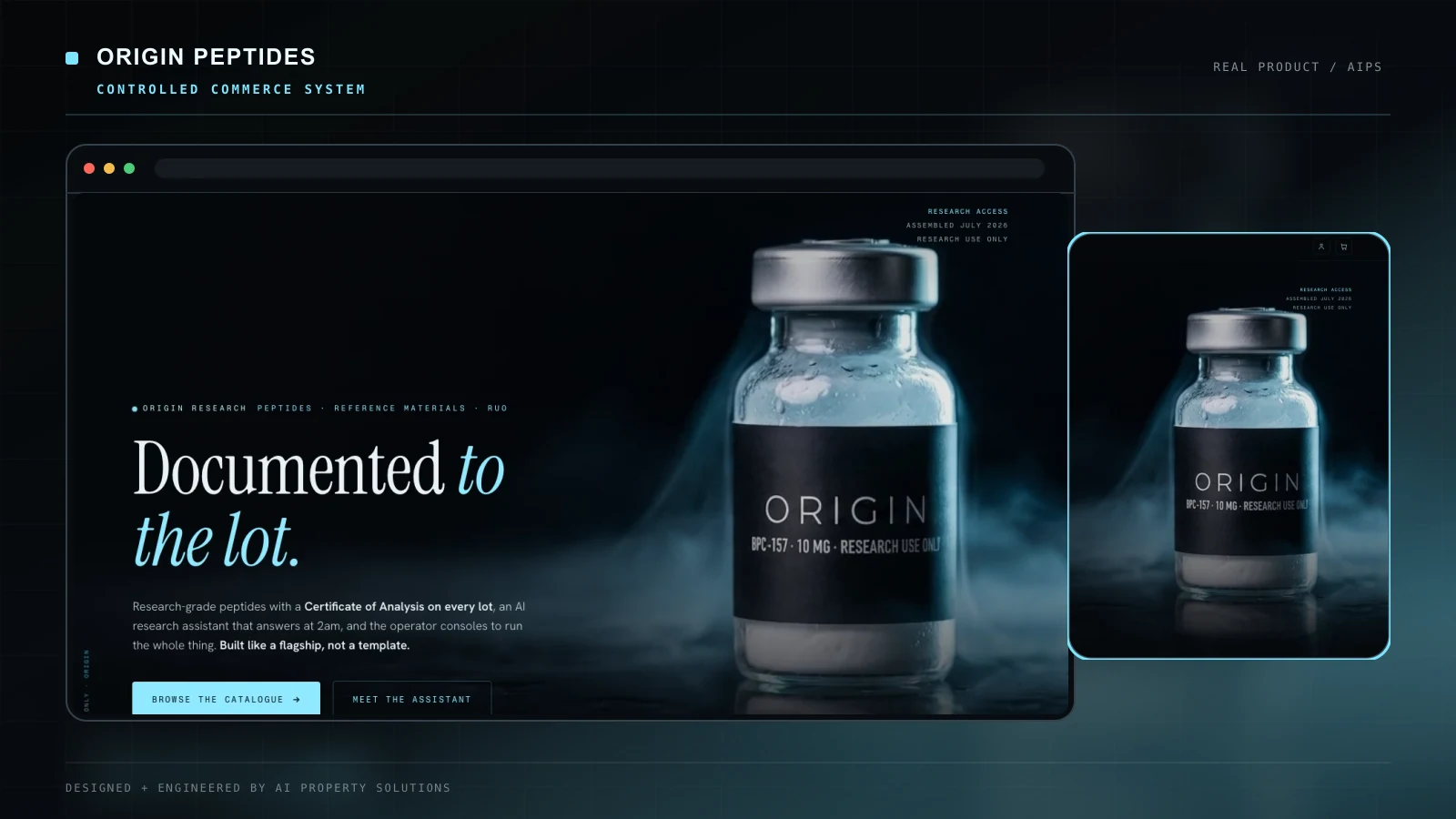 Origin Peptides live catalogue interface showing the research storefront and documented-to-the-lot message.