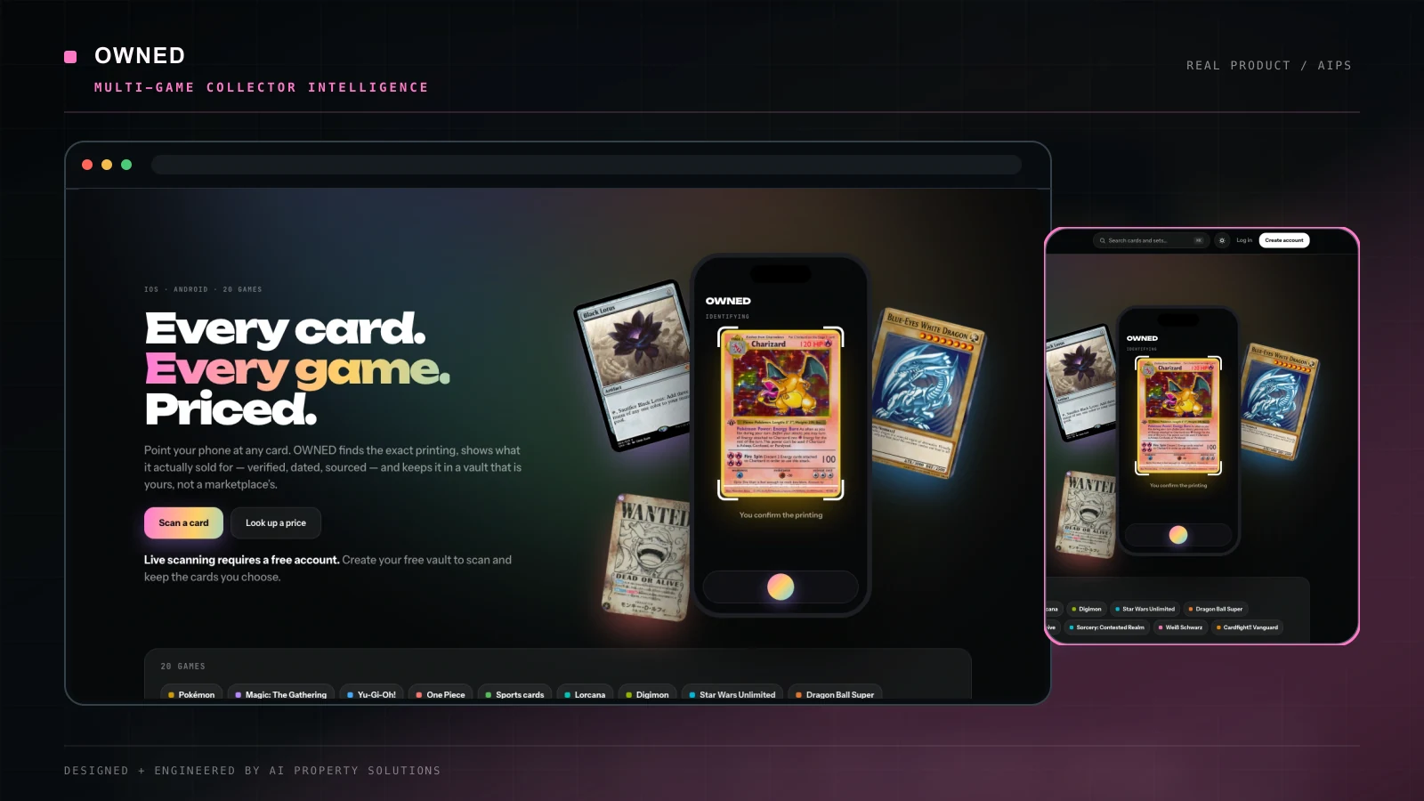 Owned live multi-game product showing its current restyled homepage, real trading-card artwork, and exact-printing scan experience.
