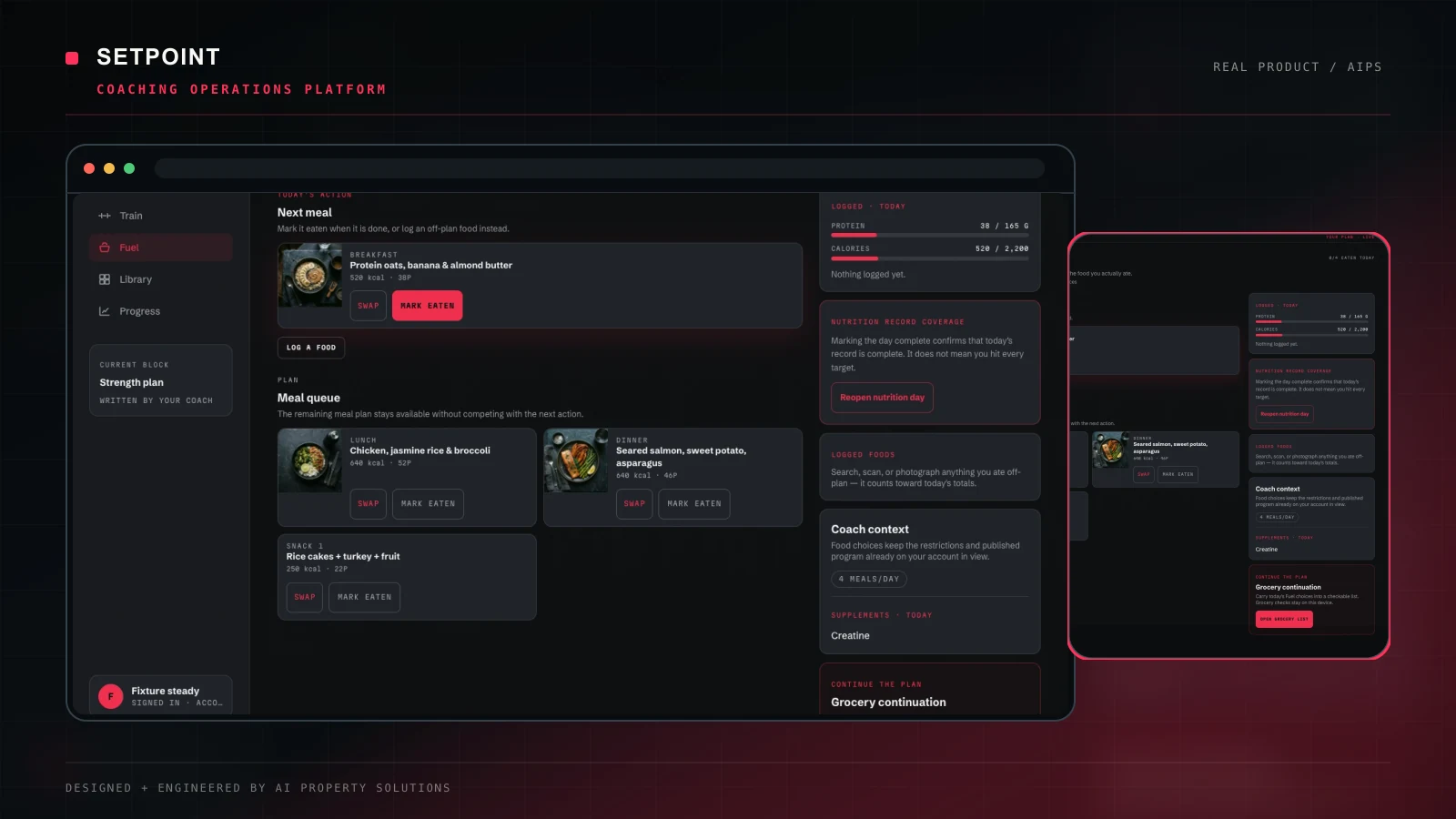 Setpoint live coaching platform showing the Strength Alive member nutrition plan, meal queue, progress, and coach context.