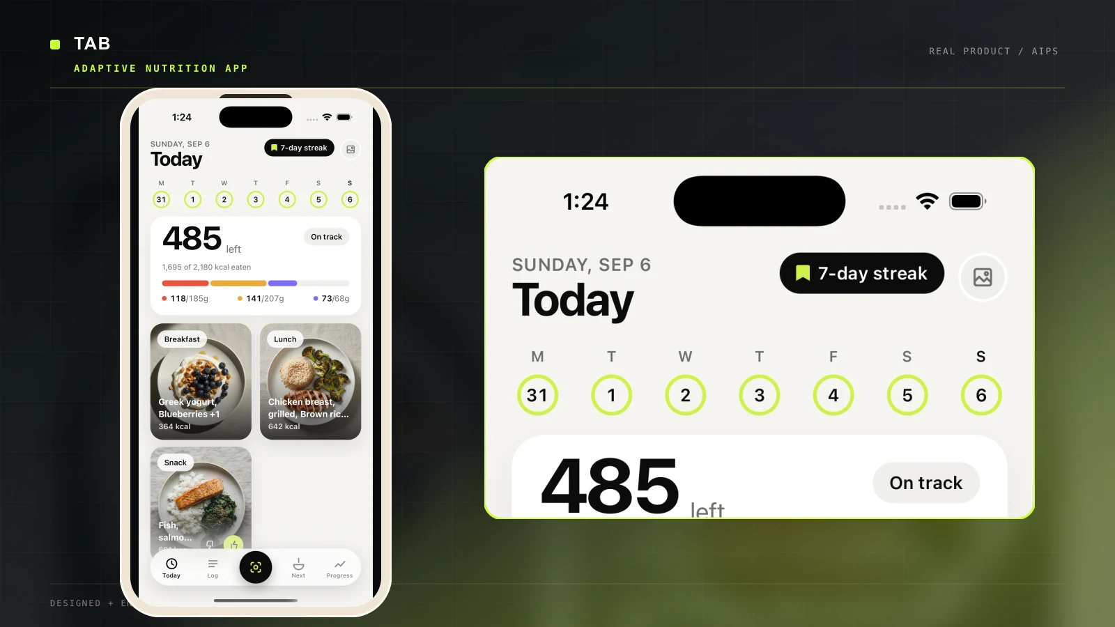 Tab mobile application showing the real Today screen with remaining calories, macro progress, meal photography, and capture navigation.